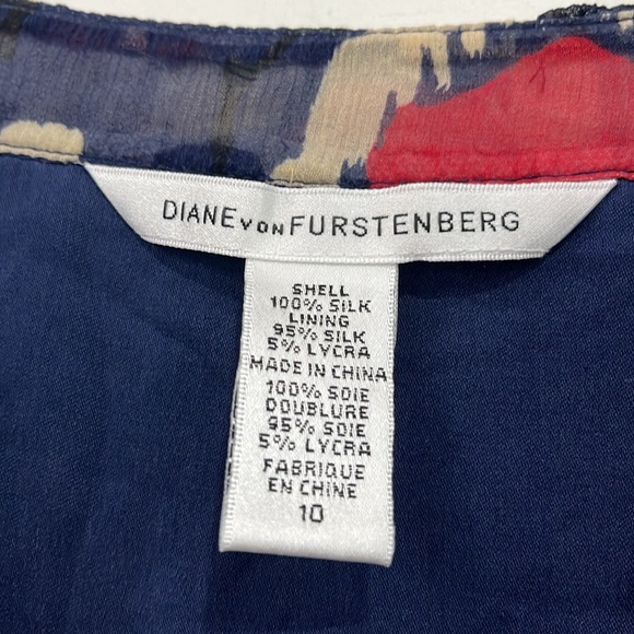 Diane von Furstenberg Candela Bis Silk Ruffle Long Sleeve Blouse Top Navy Red 10 - Picture 3 of 14